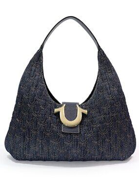 True Religion Quilted Horseshoe Hobo Bag Large Denim Crescent Purse No Charm